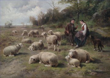 Sheep Shepherd Painting - Cornelis van Leemputten Schaferpaar mit Herde sheep